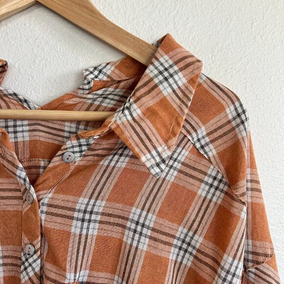 POL Shirt Oversize Plaid Tunic Split Collar Bishop Sleeve - Picture 2 of 11